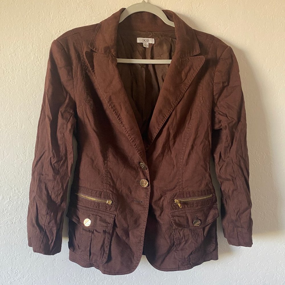 Cache Womens Jacket Linen Blend Utility Brown Size L Casual Gold Long Sleeve